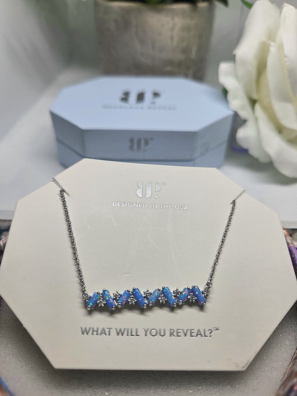 BP Aqua Blue Fire Opal Bar Necklace on Rhodium Plating